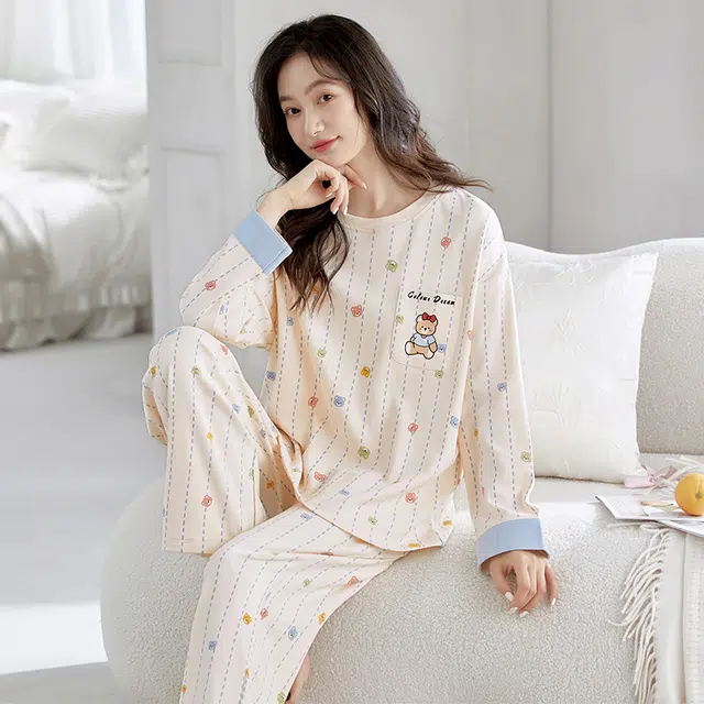 芬腾可安 春秋季简约纯棉设计感少女感显瘦遮肉家居服睡衣套装 女款
