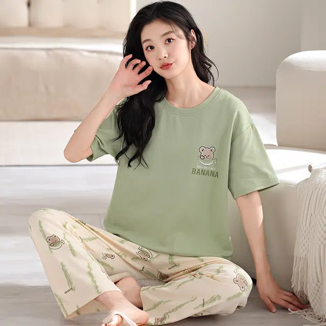芬腾可安 外出可穿韩版休闲圆领慵懒感舒适带胸垫细腻家居服短袖长裤春夏季睡衣套装 女款