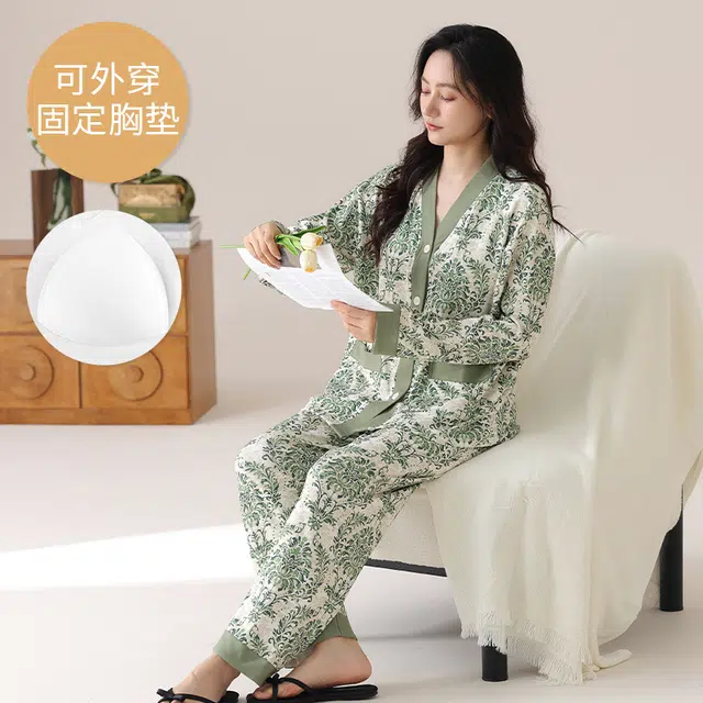 芬腾可安 春秋季简约宽松温柔设计感显瘦带胸垫少女感大码家居服睡衣套装 女款