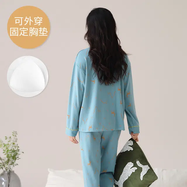 芬腾可安 外出可穿大码春秋季简约宽松温柔设计感显瘦带胸垫少女感家居服睡衣套装 女款