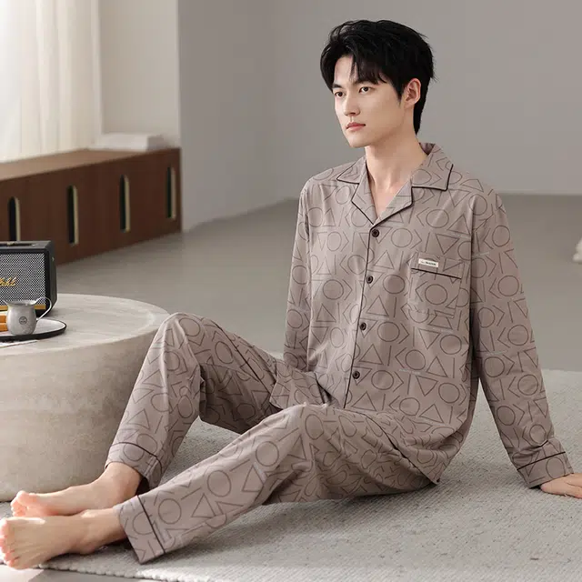 芬腾可安 秋冬外出可穿的加厚保暖舒适透气不闷亲肤简约家居服睡衣套装 男款