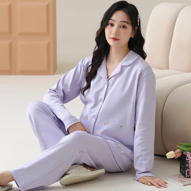 芬腾可安 纯棉外出可穿带胸垫孕期哺乳期都可穿的月子家居服宽松显瘦优雅长袖长裤双侧哺乳口可调节腰带春秋季睡衣套装 女款
