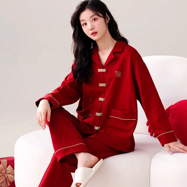 芬腾可安 情侣款春秋本命年亲肤少女气质柔软舒适家居服睡衣套装 女款