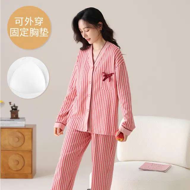 芬腾可安 外出可穿春秋季简约宽松温柔设计感显瘦带胸垫少女感大码家居服睡衣套装 女款