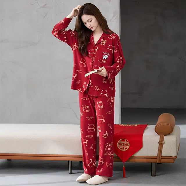 芬腾可安 喜庆秋冬季情侣款保暖柔软亲肤显瘦舒适家居服睡衣套装 女款