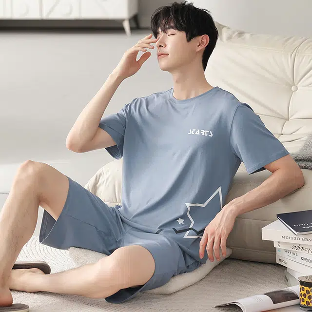 芬腾可安 可外穿的家居服大学生轻盈休闲细腻遮肉个性舒适显瘦圆领宽松青春短袖五分裤春夏季睡衣套装 男款