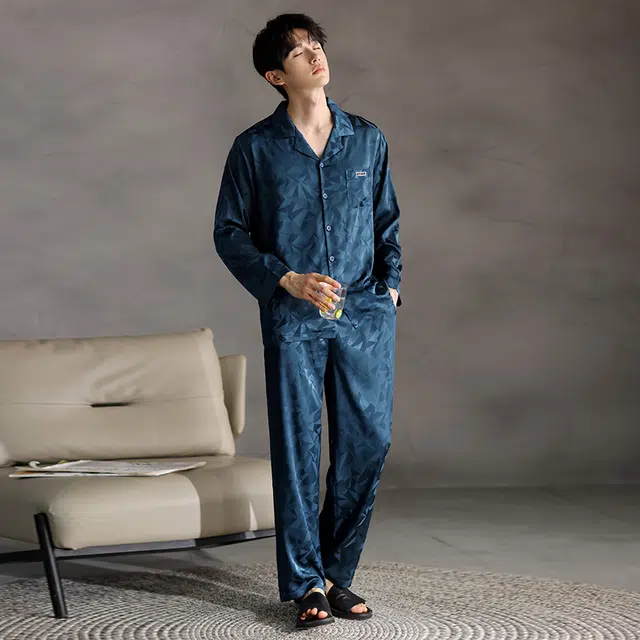 芬腾可安 春秋简约经典冰丝宽松家居服开衫外出可穿睡衣套装 男款