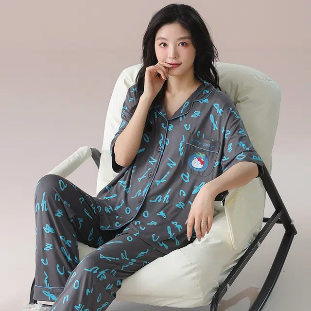 芬腾可安 气质家居服甜美带胸垫一体式短袖长裤细腻舒适柔软亲肤大学生外出宿舍都可穿睡衣套装 女款