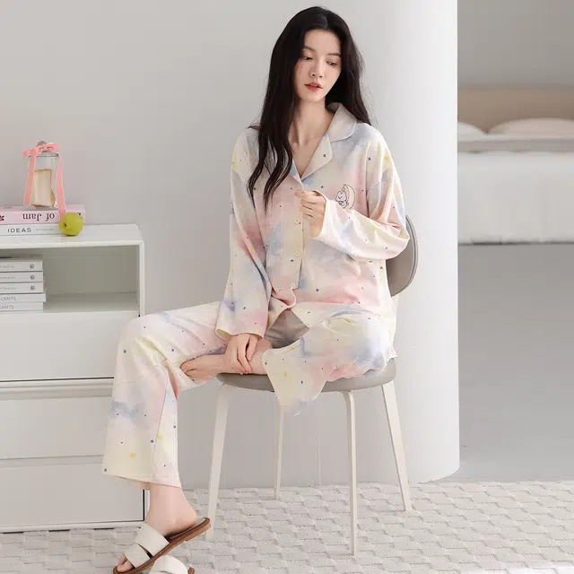芬腾可安 纯棉简约显瘦宽松开衫春秋少女舒适时尚亲肤翻领休闲家居服睡衣套装 女款