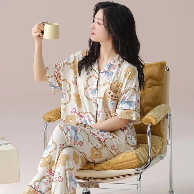 芬腾可安 气质家居服带胸垫一体式短袖长裤时尚甜美柔软亲肤大学生宿舍外出都可穿细腻舒适睡衣套装 女款