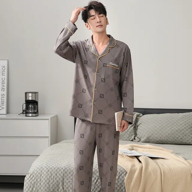 芬腾可安 春秋季家居服翻领显瘦简约经典外出可穿睡衣套装 男款