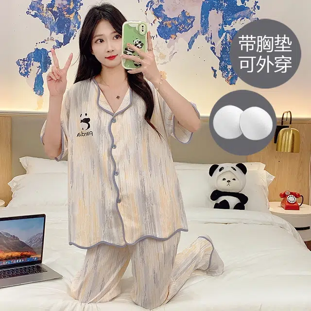 芬腾可安 春夏秋季带胸垫透气亲肤舒适休闲家居服睡衣套装 女款