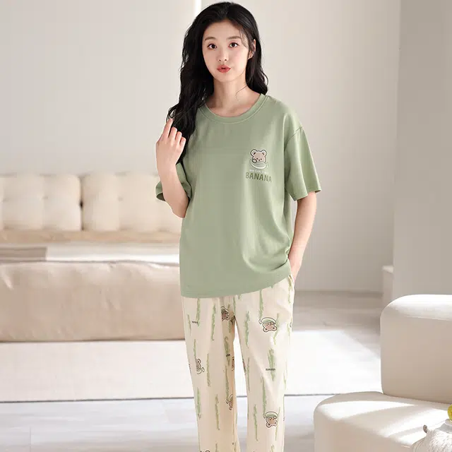 芬腾可安 外出可穿韩版休闲圆领慵懒感舒适带胸垫细腻家居服短袖长裤春夏季睡衣套装 女款