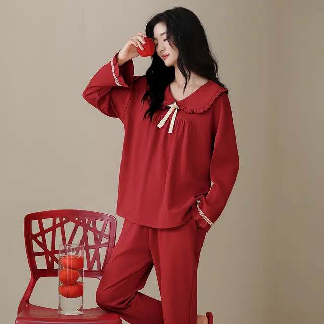 芬腾可安 情侣款秋冬季简约双面纯棉喜庆舒适显瘦亲肤家居服睡衣套装 女款