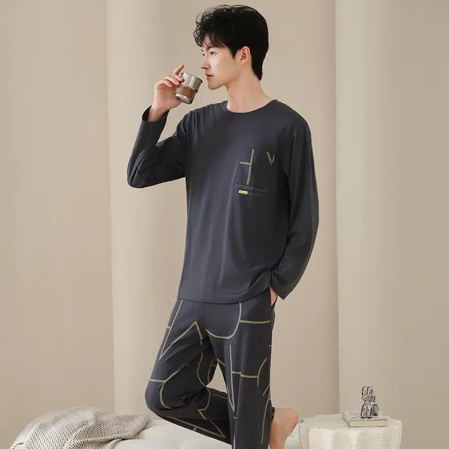 芬腾可安 外出可穿透气气质春秋舒适简约纯棉经典休闲家居服睡衣套装 男款