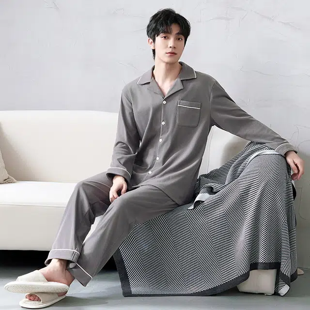 芬腾可安 秋冬季经典保暖锁温亲肤简约少年感外出可穿家居服睡衣套装 男款