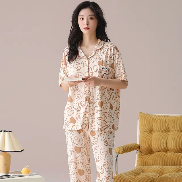 芬腾可安 气质家居服带胸垫一体式短袖长裤甜美柔软亲肤大学生宿舍外出都可穿细腻舒适睡衣套装 女款