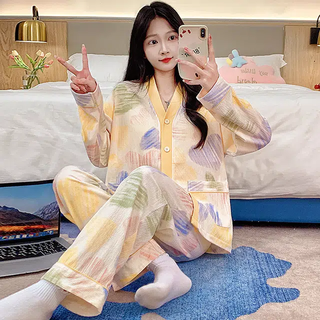 芬腾可安 可外穿春秋亲肤带胸垫和服领开衫一体式家居服睡衣套装 女款
