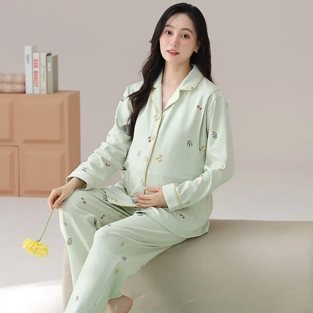 芬腾可安 纯棉外出可穿优雅宽松显瘦带胸垫长袖长裤孕期哺乳期都可穿的月子可调节腰带家居服春秋季睡衣套装 女款
