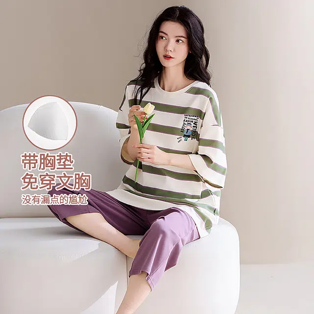 芬腾可安 家居服大学生带胸垫一体式甜美透气简约宿舍外出可穿亲肤轻熟风柔软短袖七分裤睡衣套装 女款
