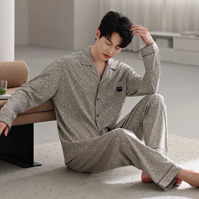 芬腾可安 秋冬外出可穿的加厚保暖舒适开衫透气不闷亲肤简约家居服睡衣套装 男款