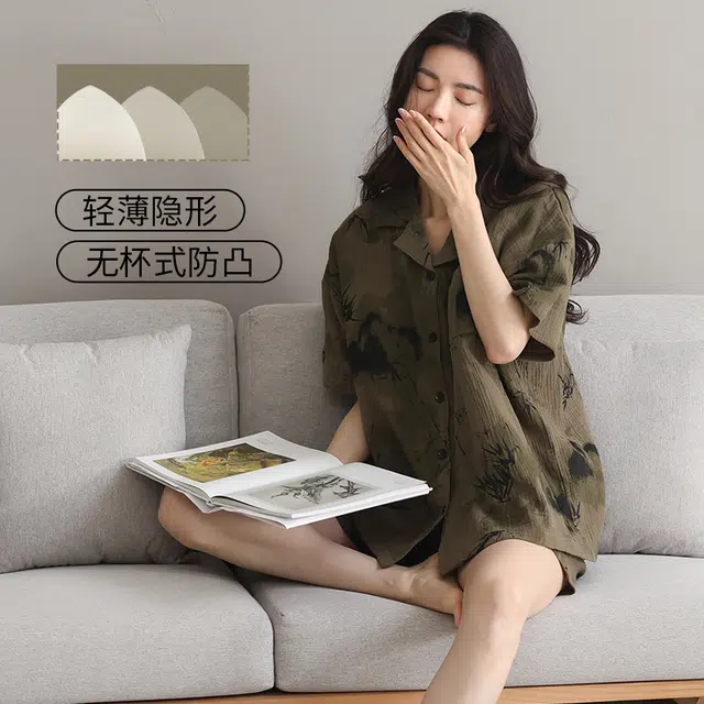芬腾可安 亲肤韩版休闲大学生轻盈百搭时尚舒适翻领带胸垫外出宿舍都可穿的家居服睡衣套装 男女同款