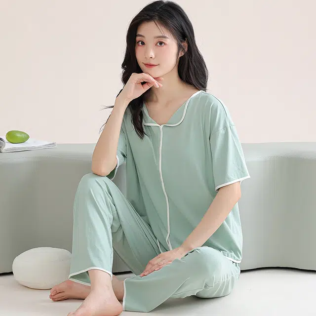 芬腾可安 家居服气质带胸垫休闲一体式短袖长裤甜美细腻舒适亲肤柔软大学生宿舍外出都可穿睡衣套装 女款