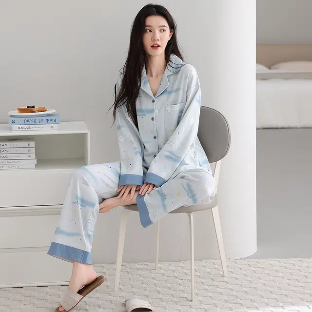 芬腾可安 纯棉简约显瘦少女舒适宽松翻领休闲开衫春秋时尚亲肤家居服睡衣套装 女款