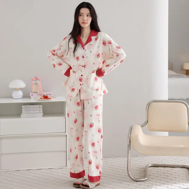 芬腾可安 纯棉简约显瘦宽松开衫春秋时尚亲肤翻领休闲少女舒适家居服睡衣套装 女款