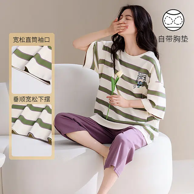 芬腾可安 家居服大学生带胸垫一体式甜美透气简约宿舍外出可穿亲肤轻熟风柔软短袖七分裤睡衣套装 女款