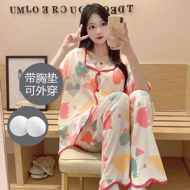 芬腾可安 春夏秋季带胸垫家居服透气亲肤舒适休闲睡衣套装 女款