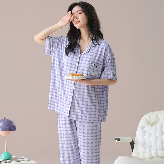 芬腾可安 气质家居服带胸垫一体式短袖长裤甜美柔软亲肤舒适细腻大学生宿舍外出都可穿睡衣套装 女款