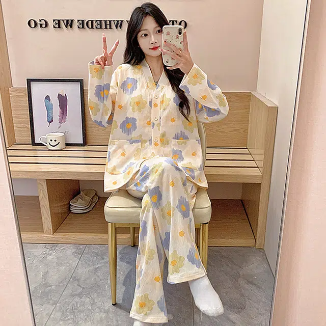 芬腾可安 春秋亲肤可外穿和服领开衫带胸垫一体式家居服睡衣套装 女款
