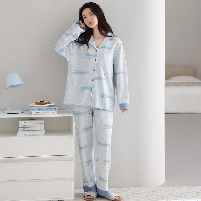 芬腾可安 纯棉简约显瘦少女舒适宽松翻领休闲开衫春秋时尚亲肤家居服睡衣套装 女款