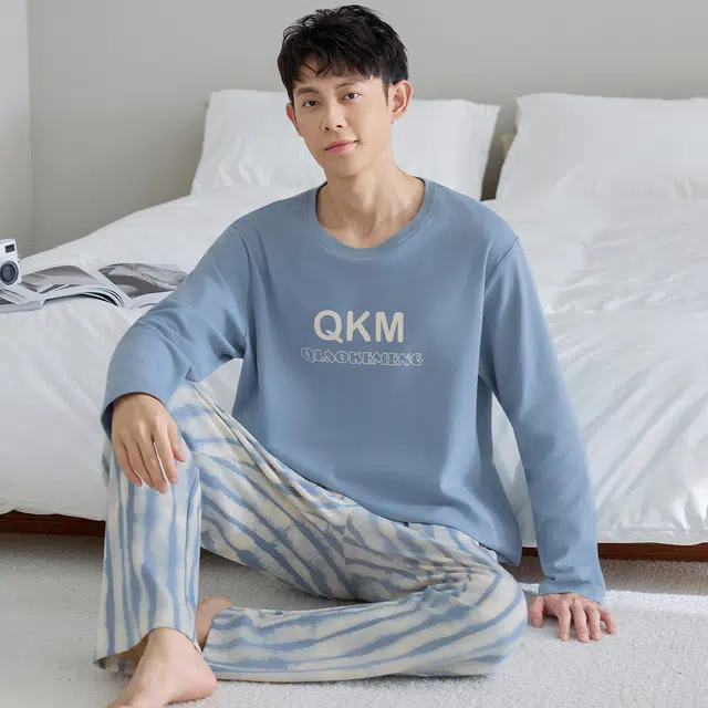 芬腾可安 外出可穿纯棉气质春秋季亲肤轻盈舒适宽松休闲家居服睡衣套装 男款