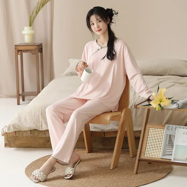 芬腾可安 秋冬季纯棉一体式无感杯垫经典少女简约柔软家居服睡衣套装 女款
