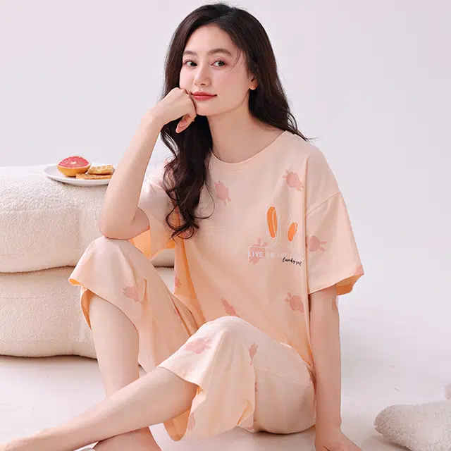 芬腾可安 外出可穿的家居服纯棉休闲宽松舒适透气微弹显瘦时尚韩版短袖七分裤春夏季睡衣套装 女款