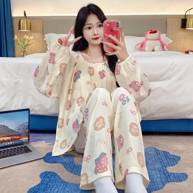 芬腾可安 可外穿柔软一体式亲肤带胸垫家居服睡衣套装 女款