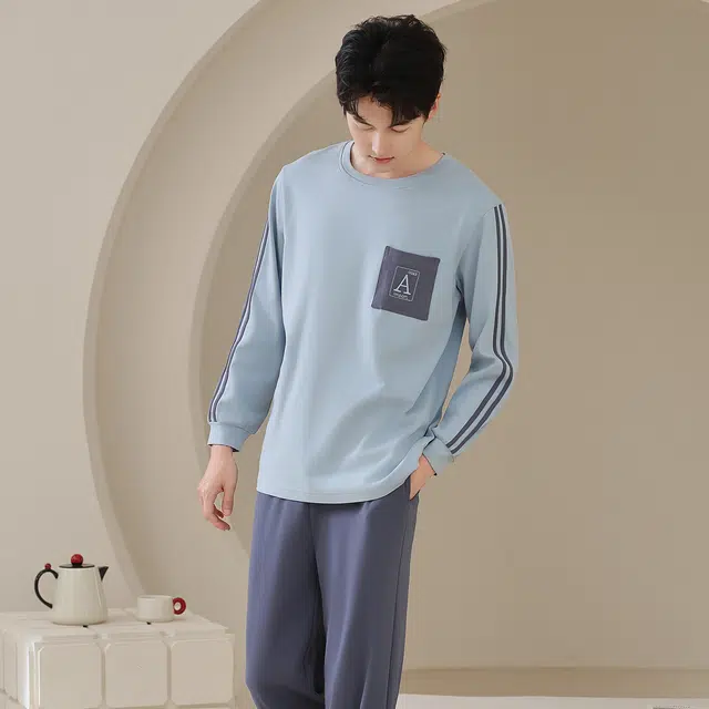 芬腾可安 春秋简约亲肤宽松纯棉柔软圆领时尚休闲多色可选可外穿家居服睡衣套装 男款