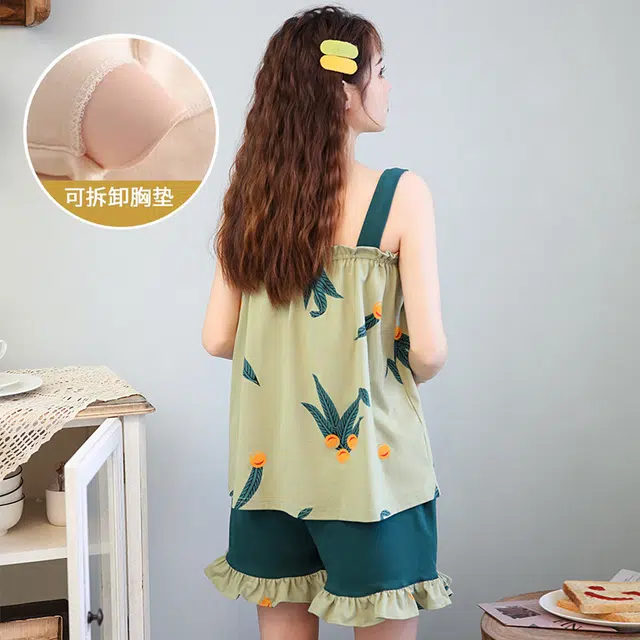 芬腾可安 可外穿春夏季清新亲肤公主风带胸垫简约透气家居服睡衣套装 女款