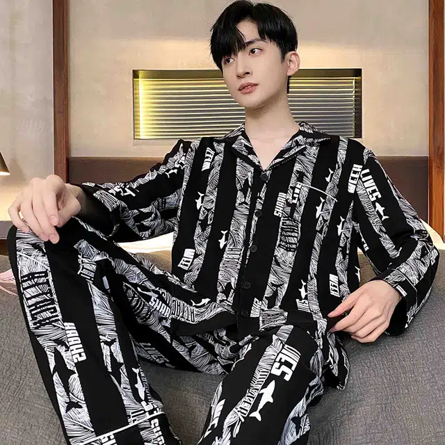 芬腾可安 春秋季简约休闲亲肤翻领开衫轻熟风家居服睡衣套装 男款
