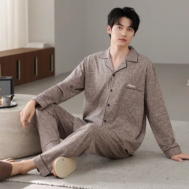 芬腾可安 秋冬外出可穿的加厚保暖舒适透气不闷亲肤简约家居服睡衣套装 男款