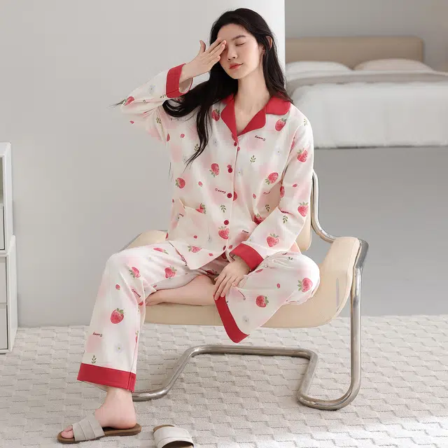 芬腾可安 纯棉简约显瘦宽松开衫春秋时尚亲肤翻领休闲少女舒适家居服睡衣套装 女款