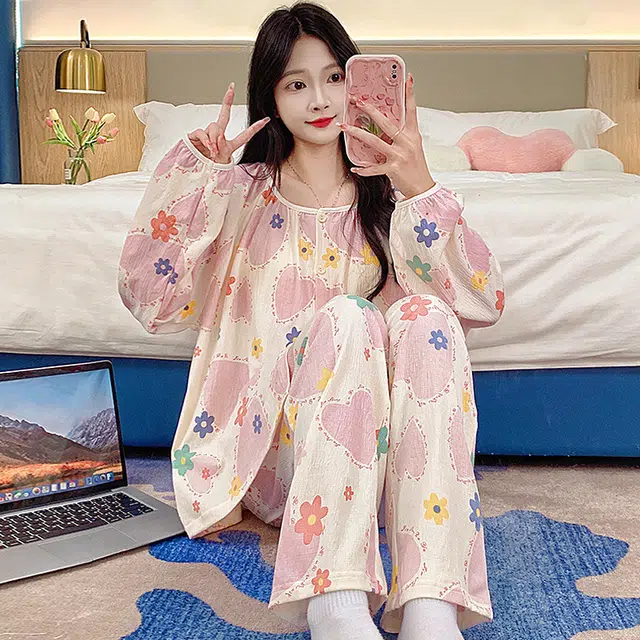 芬腾可安 可外穿的简约风格春秋固定杯垫开衫一体家居服睡衣套装 女款