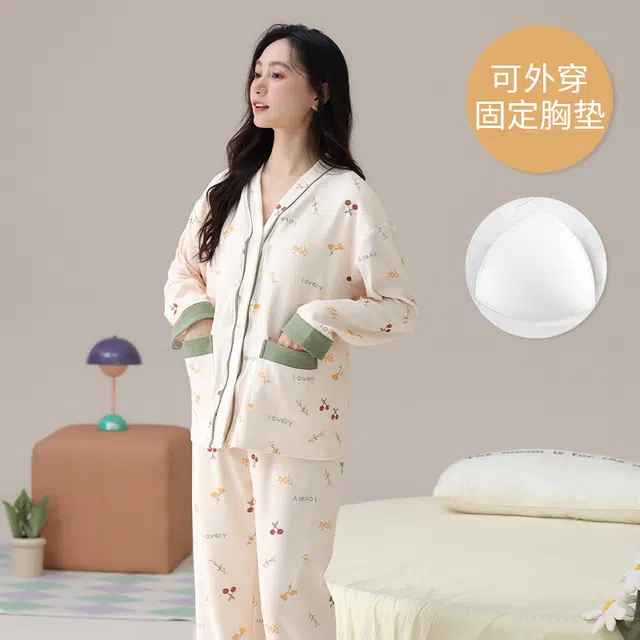 芬腾可安 外出可穿春秋季简约宽松温柔设计感显瘦带胸垫大码少女感家居服睡衣套装 女款