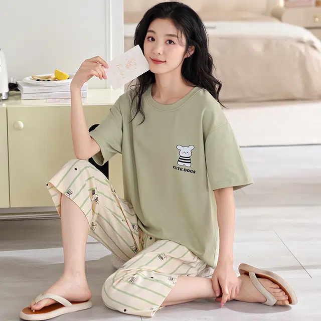 芬腾可安 家居服韩版短袖休闲透气简约浅色系显瘦舒适宽松柔软七分裤时尚外出可穿睡衣套装 女款