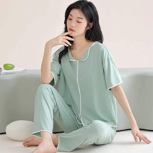 芬腾可安 家居服气质带胸垫休闲一体式短袖长裤甜美细腻舒适亲肤柔软大学生宿舍外出都可穿睡衣套装 女款