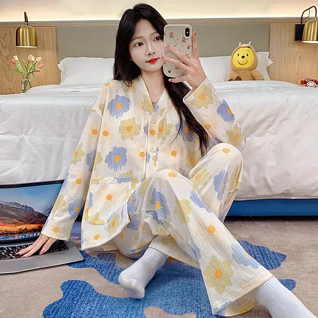 芬腾可安 春秋亲肤可外穿和服领开衫带胸垫一体式家居服睡衣套装 女款