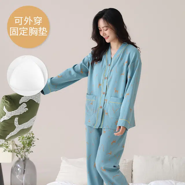 芬腾可安 外出可穿大码春秋季简约宽松温柔设计感显瘦带胸垫少女感家居服睡衣套装 女款
