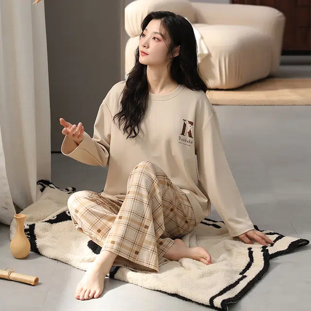 芬腾可安 秋冬季简约无感杯垫纯棉一体式柔软少女家居服睡衣套装 女款